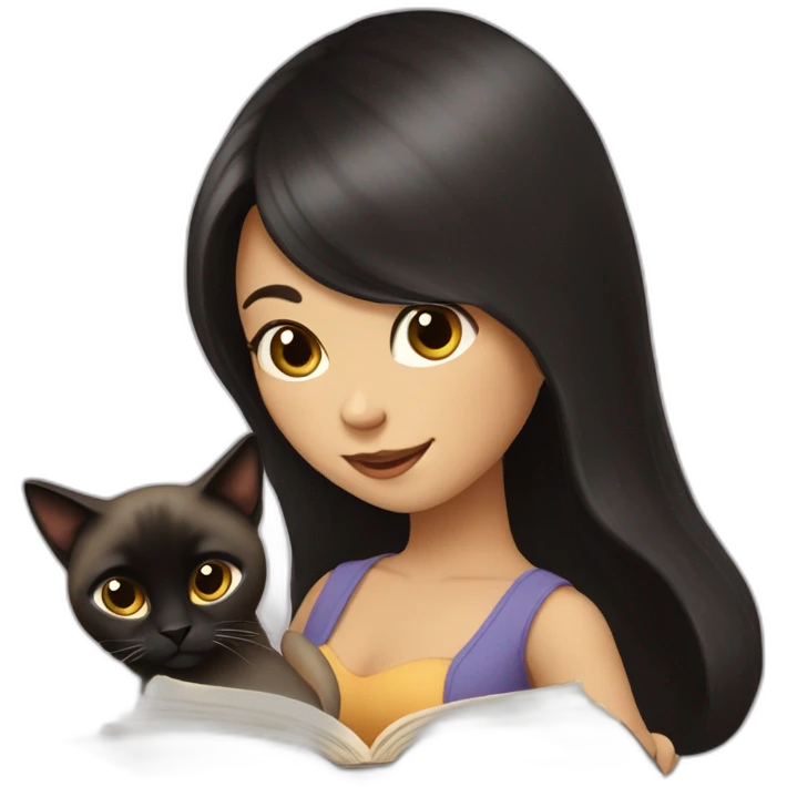 long dark hair lady, reading a book, and siamese cat is around emoji
