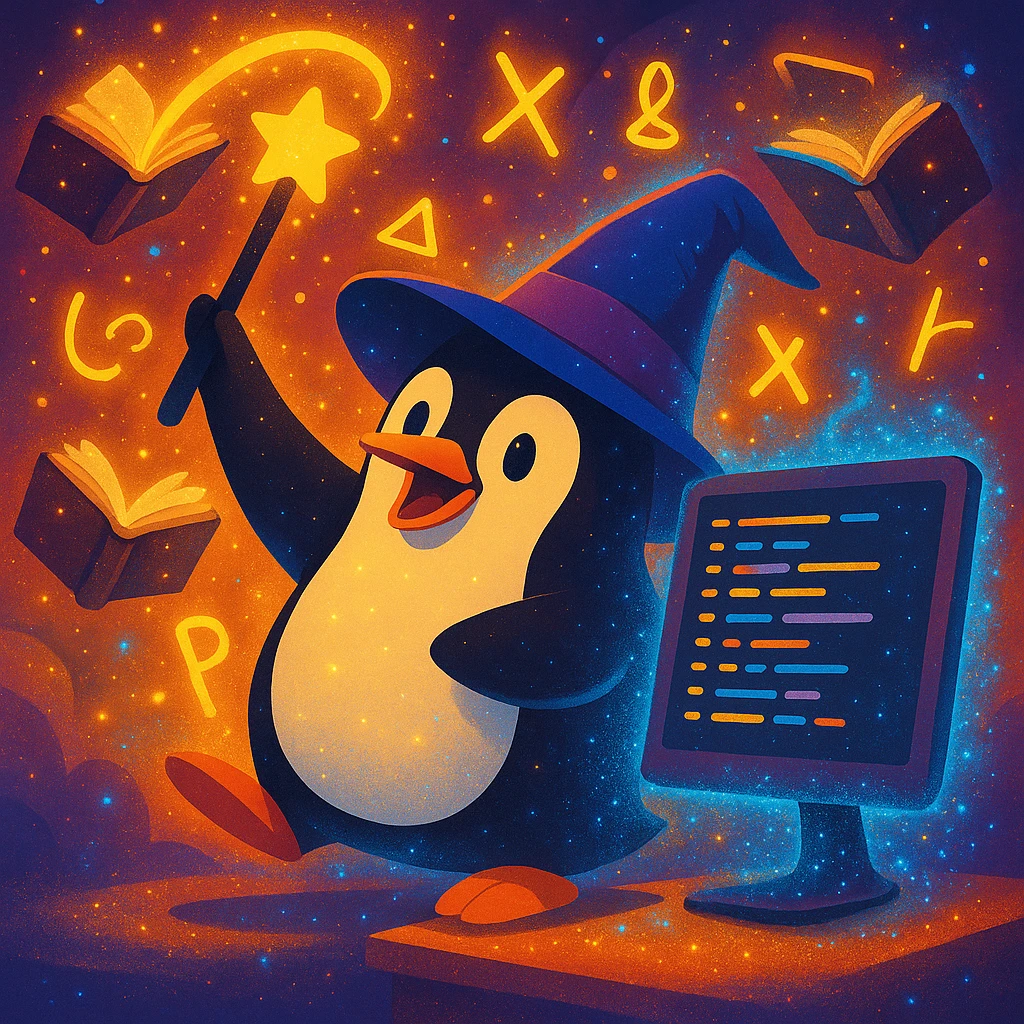 Make the penguin wizard scene even more magical, with glowing runes, swirling sparkles, floating spellbooks, and a shimmering aura around the penguin and computer screen. Enhance the magical atmosphere with vibrant mystical effects. emoji