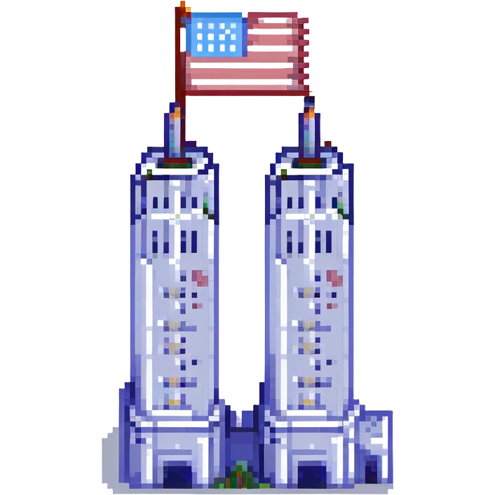 pixel art of the Twin Towers with an American flag emoji
