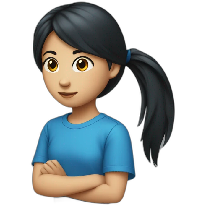 A 11 year old girl wearing a blue t shirt with long black hair which is tied in a pony tail emoji