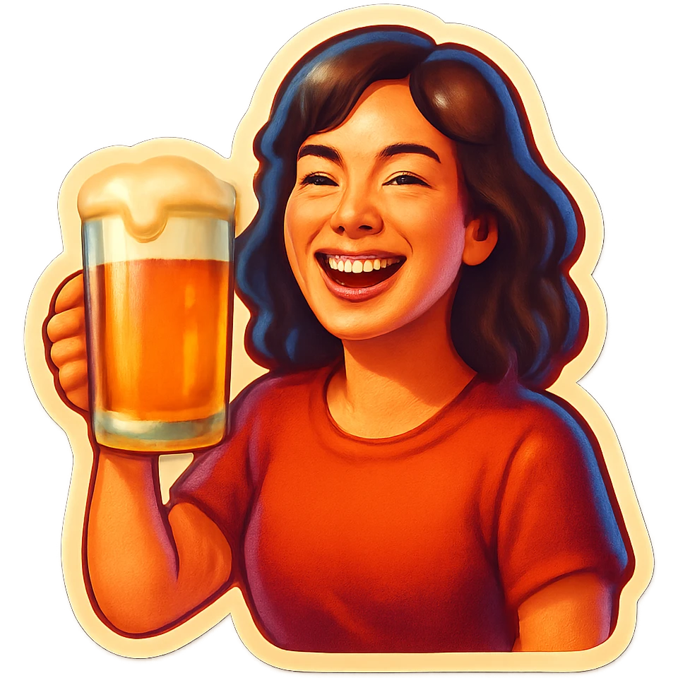 A sticker of a female friend with a glass of beer, smiling emoji