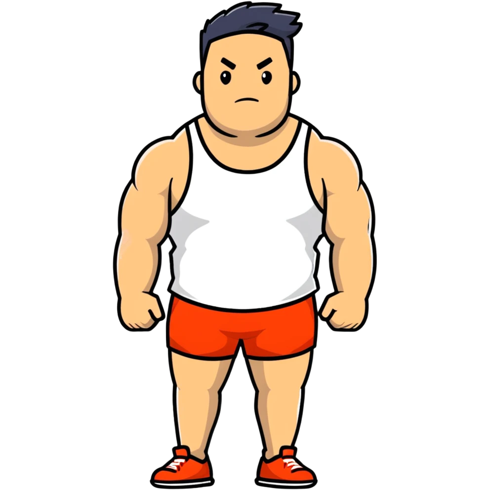 full body bulky male figure standing wearing athletic clothes, muscular build, not overweight but not skinny, tank top and shorts emoji