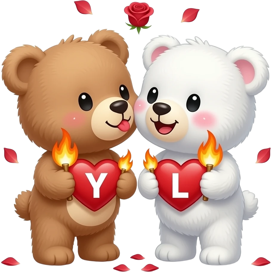 I want one light brown bear teddy kissing on cheek white bear teddy both holding heart fire , both a little furry, the  white bear blushes and smiles , add letter Y to the heart of the brown bear and letter L to the heart of the white bear , rose petals falling from sky , passion emoji