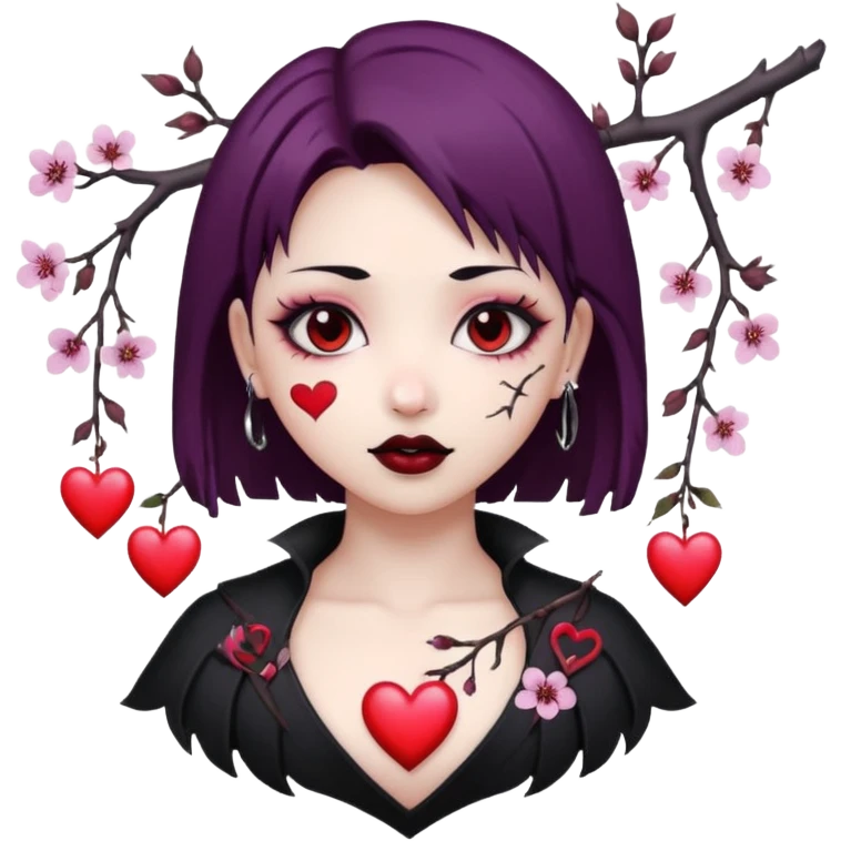goth sakura heart, heart pierced by sakura branch, white and pink emoji