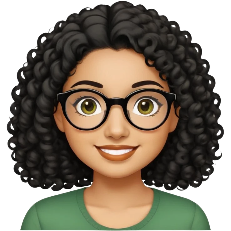 Hispanic woman in her 20s with caramel skin tone. Round face with prominent cheeks and dimples. Dark eyes with black thick-framed glasses. Shoulder-length curly black hair with defined curls. Wide sincere smile. Wearing a green casual top. emoji