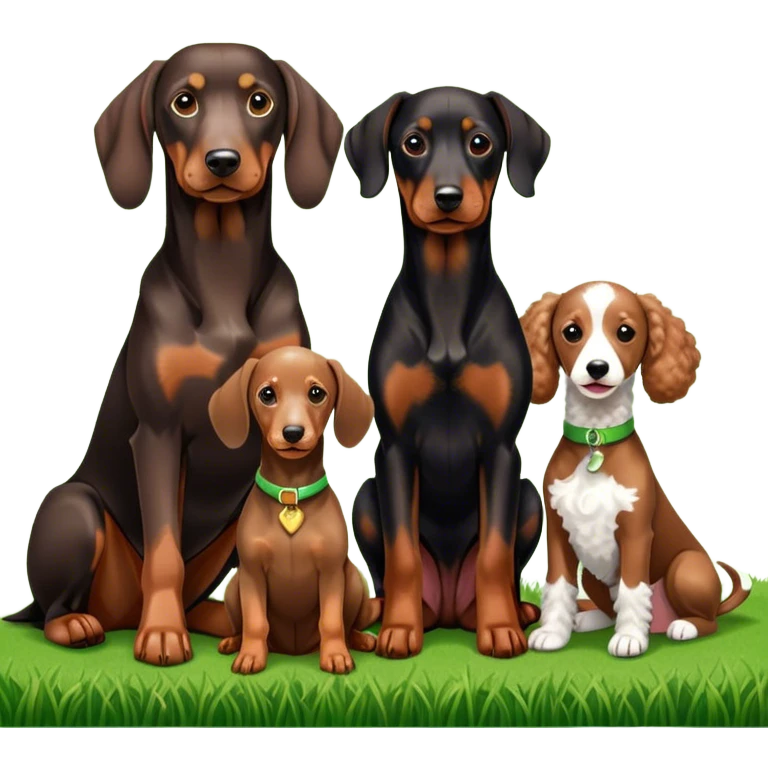 Close-up of a Doberman Pinscher, a Dachshund and a Poodle sitting together on lush green grass. The background features a beautiful, serene nature view with rolling hills and bright blue skies. The dogs' sleek coats shine under the sun. Transparent background. emoji