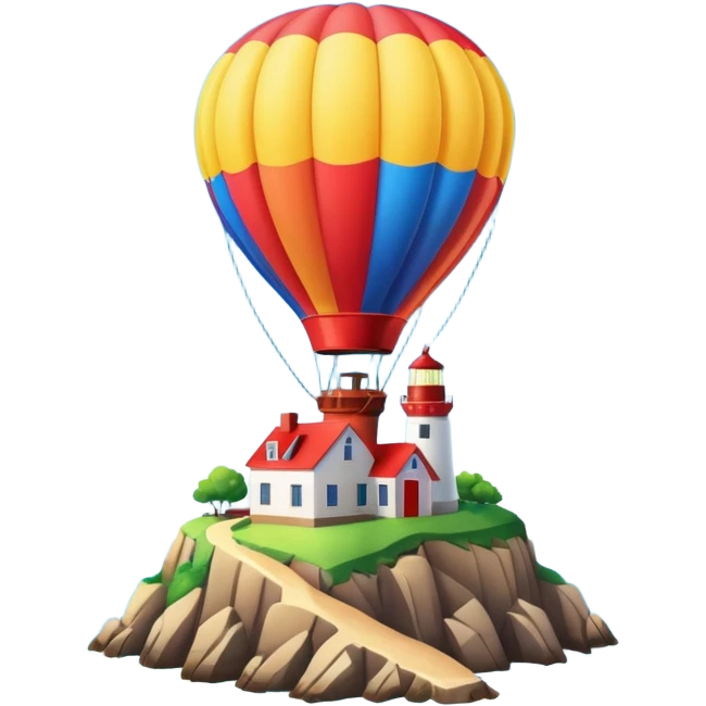 Hot air balloon above a scenic ocean with a lighthouse emoji