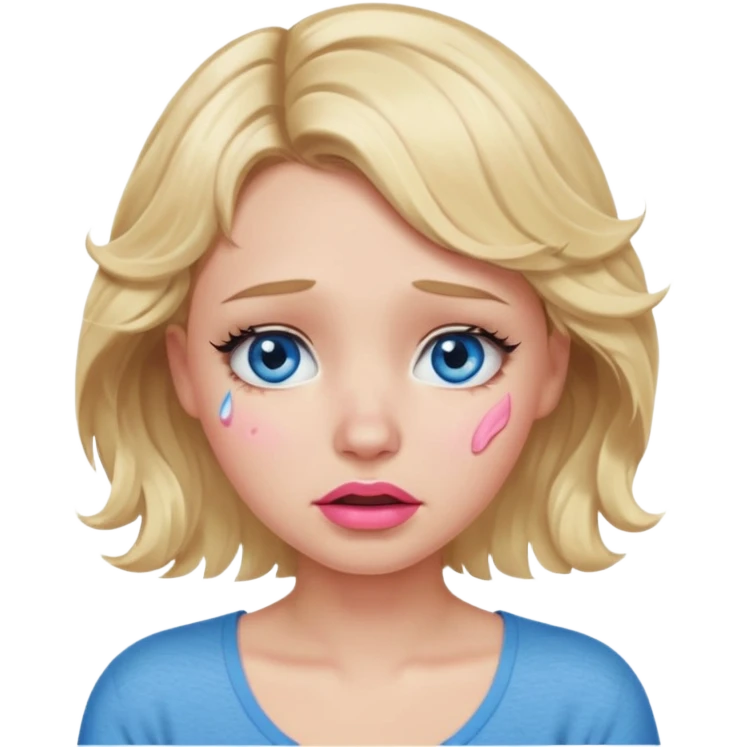 Girl Blonde short wavy hair,  blue eyes, cute blue top, long lashes, pink lips,crying with tears running down the face  emoji