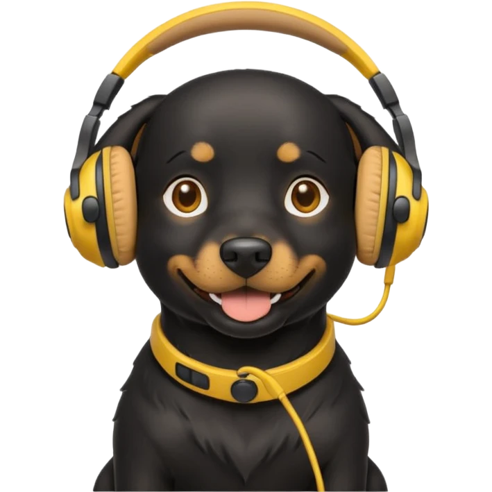 black happy dog wearing yellow headphones emoji