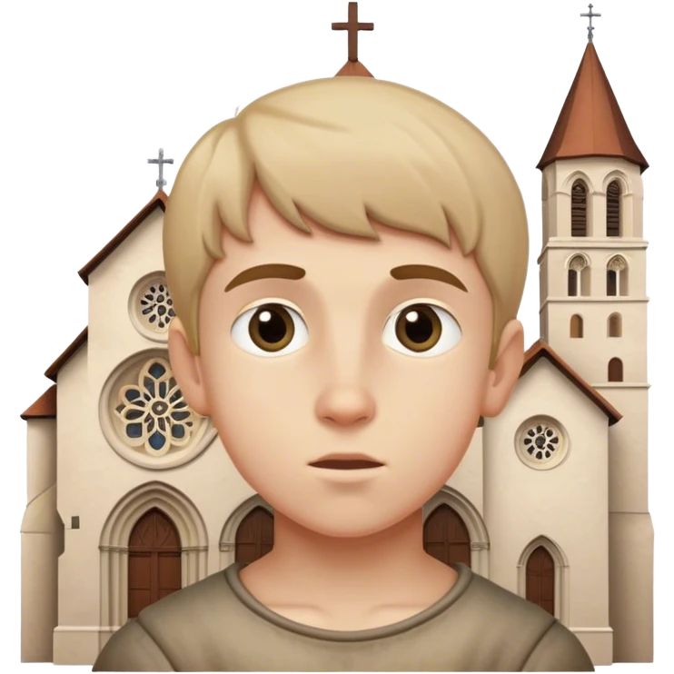 European boy looking at Romanesque church emoji