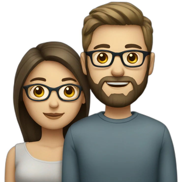 Couple in love. She has dark hair, blue eyes and wears glasses. He has short blond hair, three day beard and wears glasses emoji