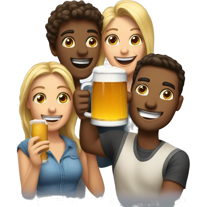 A group of 4 friends, two men and two women, having fun with beer in their hand emoji