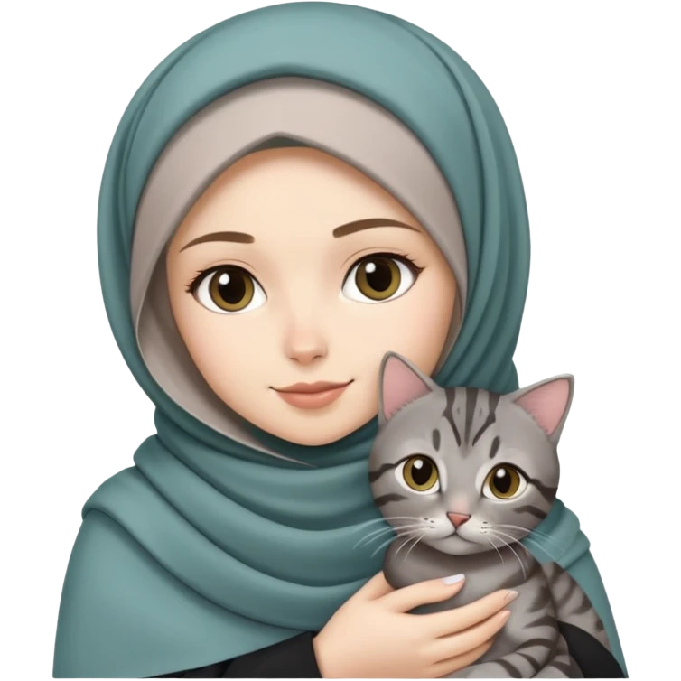White girl wearing pretty hijab holding a black grey tabby cat emoji