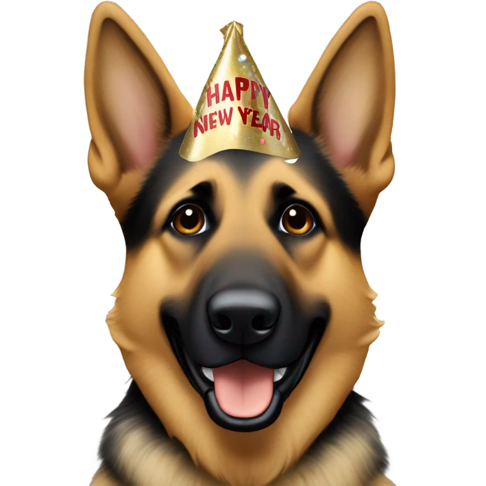 Blonde and brown German shepherd holding a sign that says “Happy New Year” emoji