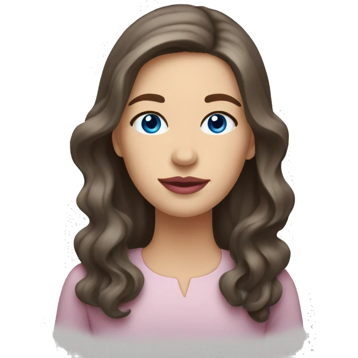 A white woman with a long face, wavy medium-dark brown shoulder-length hair, pink lips, and blue eyes, on a white background  emoji