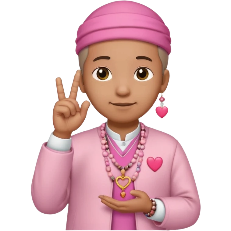 cute uncle wearing a takke, pink skirt, holding prayer beads, making heart sign with index finger and thumb, saying 'uwu', emoji style emoji