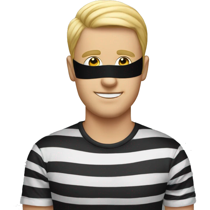 a man with an eye mask and an black and white stripes  t shirt emoji