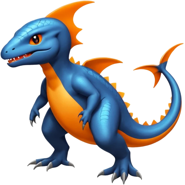 Shiny Black Koraidon-Latios-Salandit-Fakémon-hybrid-creature (full body) with orange belly emoji