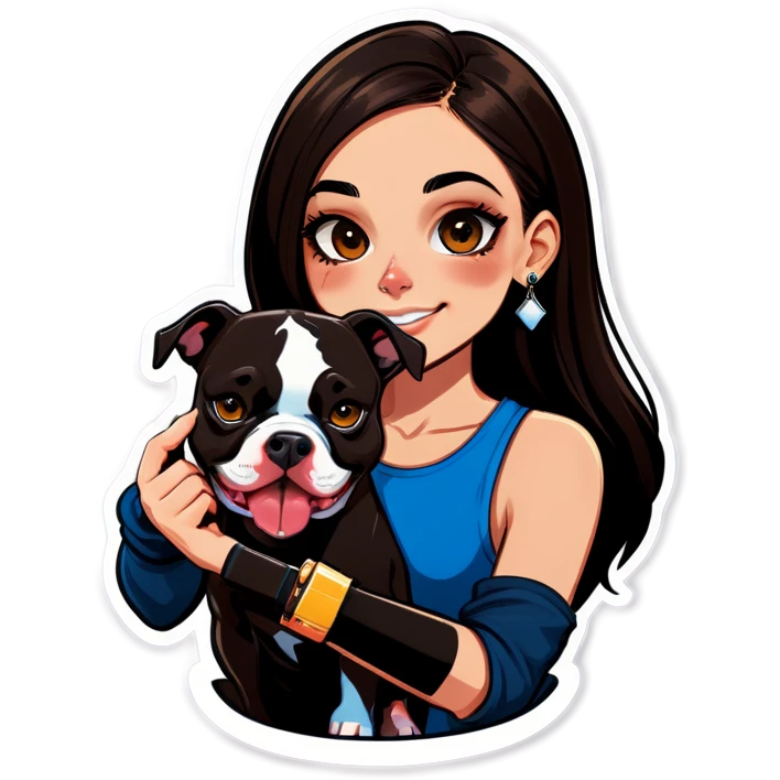  beautiful girl with choppy long dark hair with her nose piercing and her black iPhone with her her pet pit bull girl with an underbite layed next to her emoji