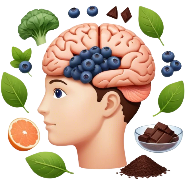 brain surrounded by healthy lifestyle choices, exercising, salmon, dark chocolate, blueberries, seeds, leafy greens . brain booster emoji