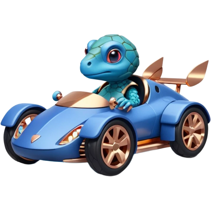 dark crystal blueberry and rosegold-accented cyber faceted-body electric racing car driven by a small cute smoking relaxed turtle with rear spoiler, roll bar, and wheely bar emoji
