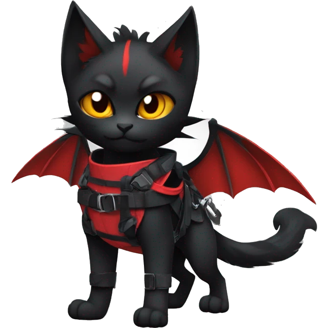 Cool Edgy Ninja Litten-Nargacuga-Cat with black bat-wing-ears with a red harness full body emoji