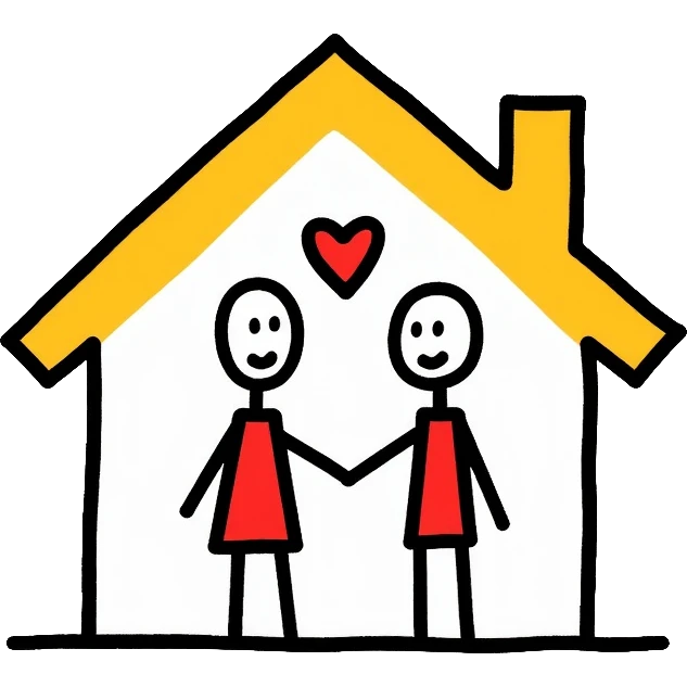 Two simple figures holding hands in front of a house with a heart surrounding them, Keith Haring style with bold lines and simple colors emoji
