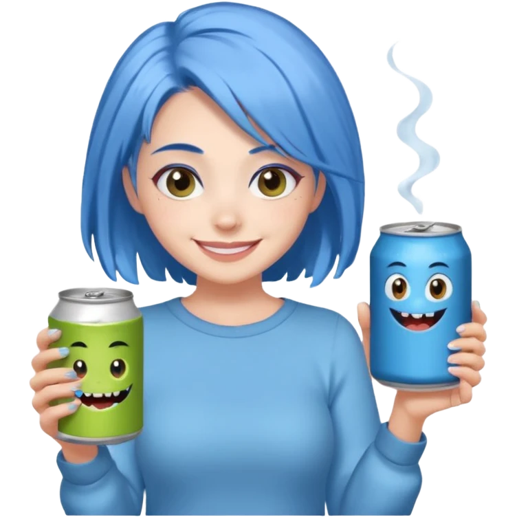Chibi sticker of a woman with powder blue hair, lower back length, with white eyes hold a can of Monster with a smug smile; cozy cartoon style emoji