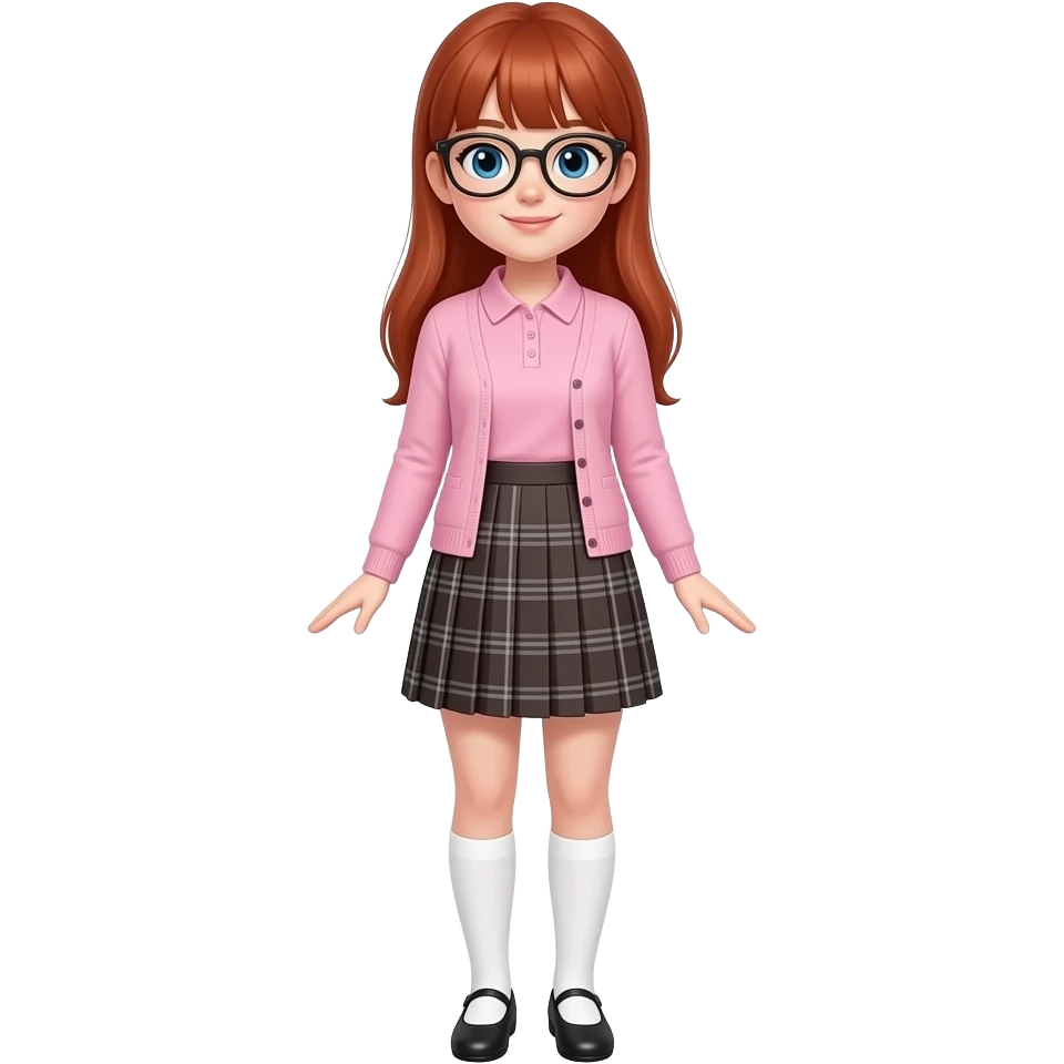a young woman with fair skin, long red hair, straight bangs, blue eyes, wearing black glasses, a light pink polo shirt under a pink slim cardigan, a dark brown knee-length a-line skirt with gray tartan lines and white knee-high socks over black ballet flats emoji