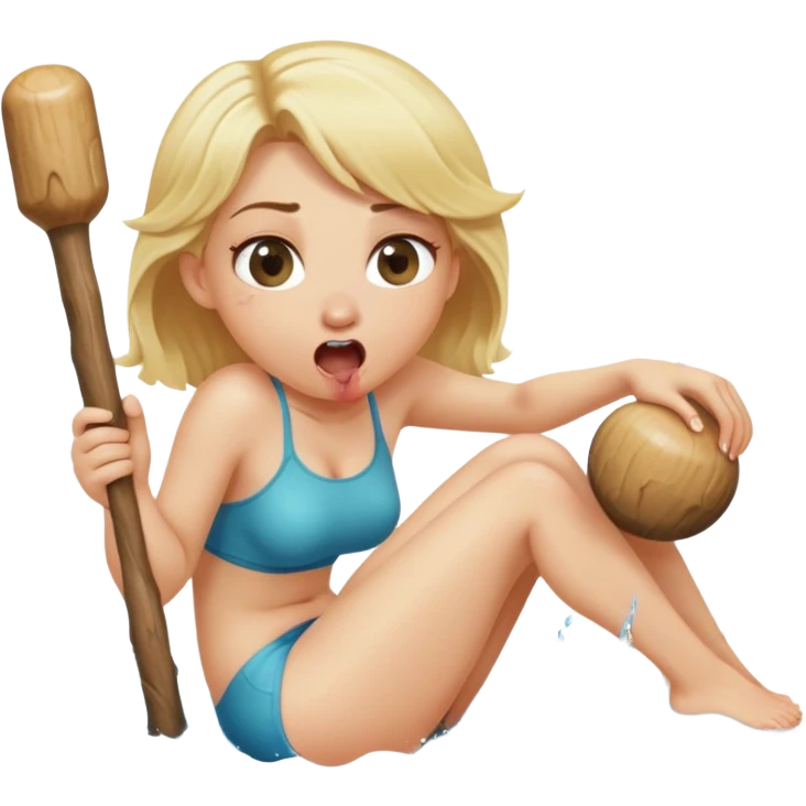 blond woman sitting on her knees, biting a wide stick with a D-shaped knob, both the same color as her skin, the knob has visible skin texture, water jet shooting from the flat side of the knob into her mouth, surprised look emoji