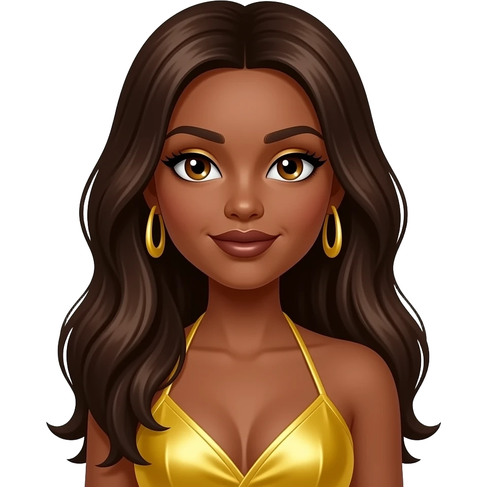 Sasha from Bratz with brown skin, hazel eyes, long dark brown hair, yellow eyeshadow, dark brown lipstick, yellow metallic halter dress, yellow earrings emoji