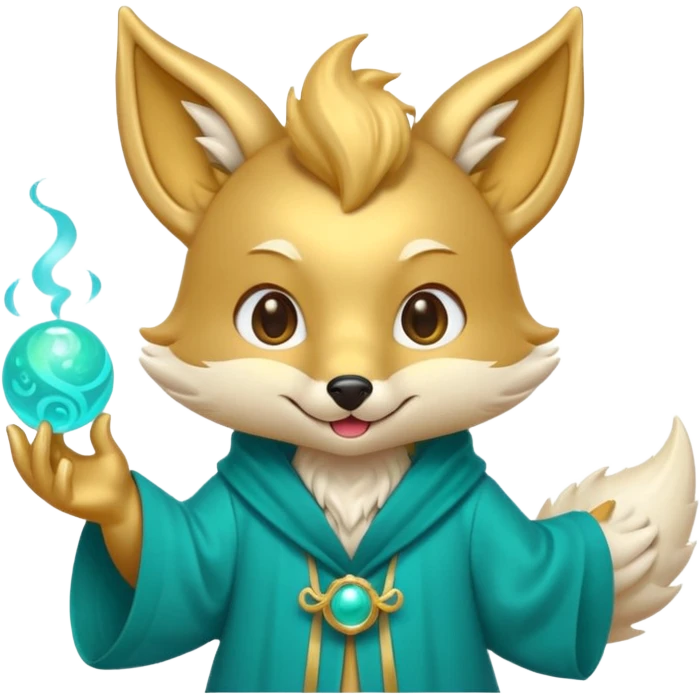 Cute chibi teal fox-dragon emoji with small antler horns, playful face with tongue out, swirl eyebrows, gold forehead mark, teal-gold robe, holding glowing blue orbs, soft pastel vector style. emoji