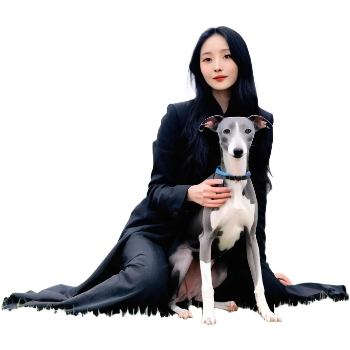 A very beautiful and attractive 25-year-old Chinese woman with long flowing black hair and a pure solid dark grey Italian Greyhound with ABSOLUTELY NO white markings anywhere on its body sitting under a cherry blossom tree. The dog must be completely solid dark grey with no white on chest, no white on muzzle, no white on paws - entirely one solid dark grey color. emoji