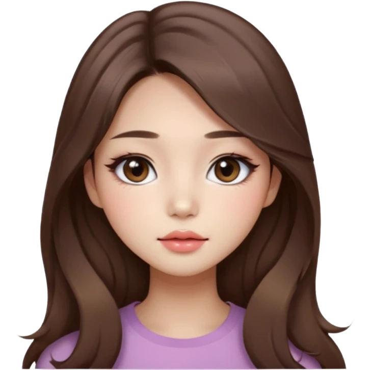 “korean straight brown hair Emoji girl, soft eyeliner and blush, gradient lips, light brown shimmer eyeshadow, long wavy hair,  emoji