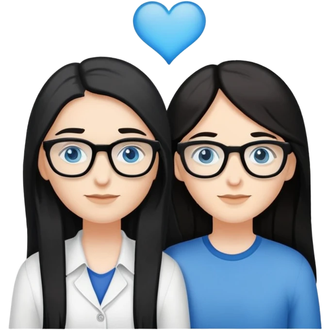 Lesbian couple. 1 white with blue eyes and long black hair. Other white with blue eyes and glasses and long brown hair.  emoji