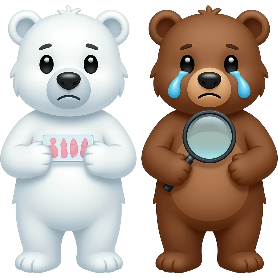 one polar bear and one grizzy crying while one is holding pathology slide and one is magnifying glass the pathology emoji