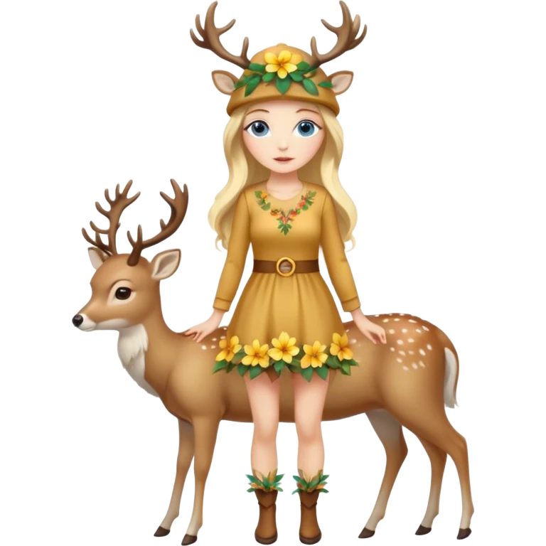 full body woman long blonde hair blue eyes white skin wearing deer hat and golden flower dress emoji