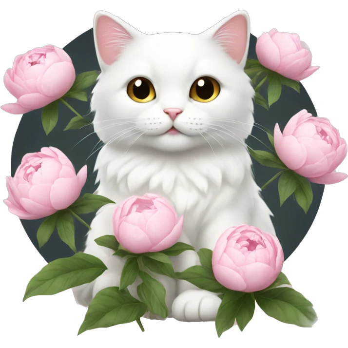 cute white cat holding light pink peonies emoji