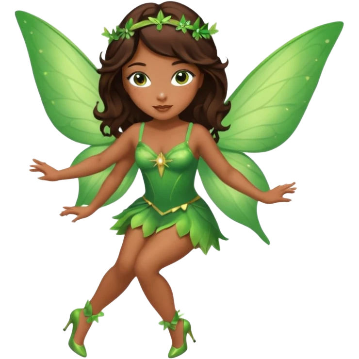 Pretty girl with caramel skin. Dark brown hair and brown eyes. She has freckles. Wearing sexy makeup. Wearing a green fairy costume and heels and flying emoji