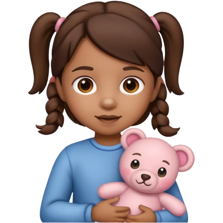 Toddler emoji with two pigtails dark brown hair holding stuff emoji