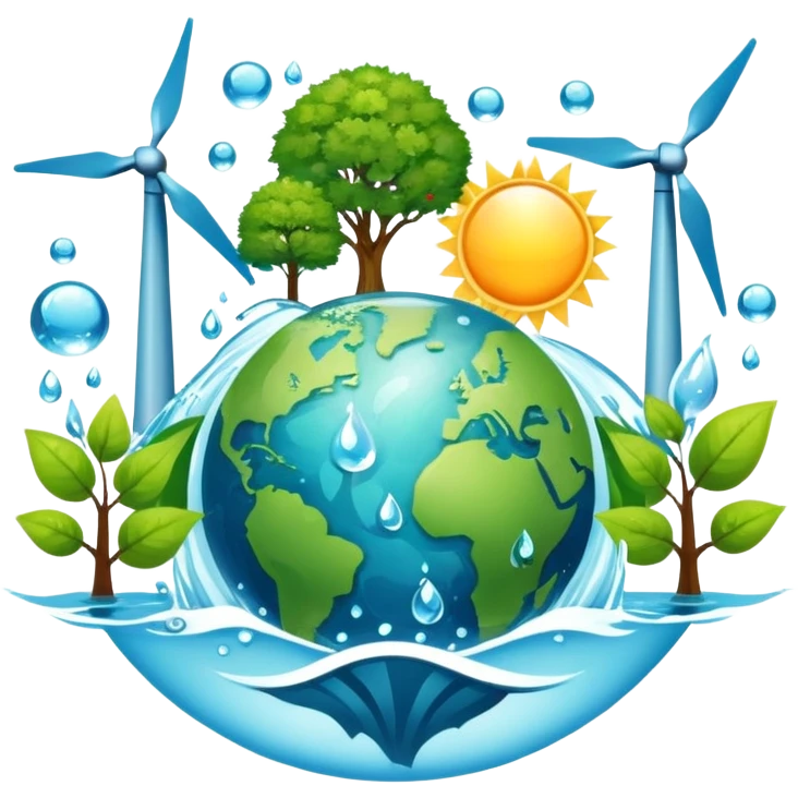 An icon featuring a green Earth, a tree, recycling symbols, and renewable energy sources like wind turbines, solar panels, and hydropower. The design includes animals, water droplets, and the sun, representing ecology, sustainable energy, and environmental protection. Transparent background. emoji