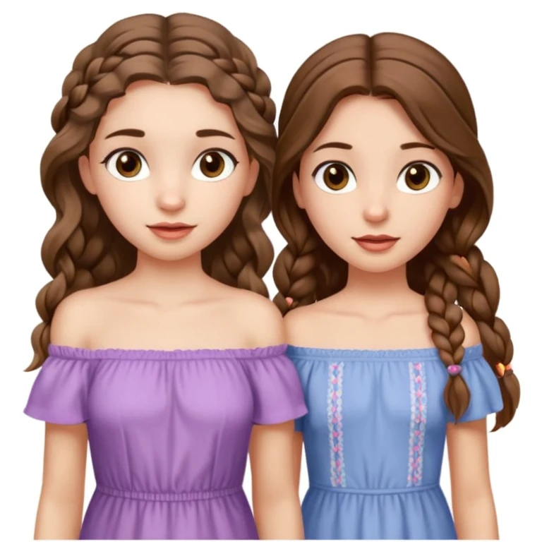 Two girls. The first one is very tall, has mid length brown very wavy hair, full lips, hazel eyes, wearing a cute off shoulder summer dress, she is also thin. The other one, quite shorter, long brown straight hair in one braid, hazel eyes. She is athletic a little bit.  emoji