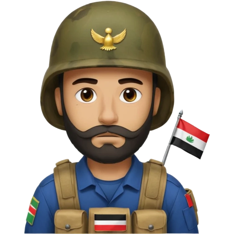 A tired and sad, swarthy Iraqi soldier with a beard, an Iraqi flag on his helmet, a sad expression and bags under his eyes emoji
