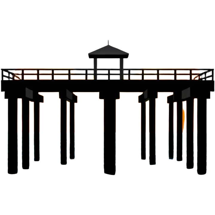 A black and white image of a pier in the ocean as a silhouette with the sun in the background emoji