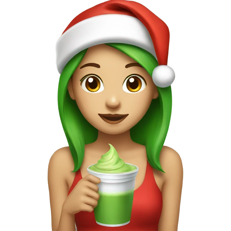 Girl wearing Santa hat and drinking matcha emoji