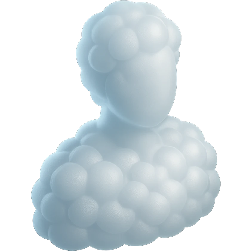 a person turned straight, fully made of white fluffy convex clouds up to the shoulders, matte glass style emoji