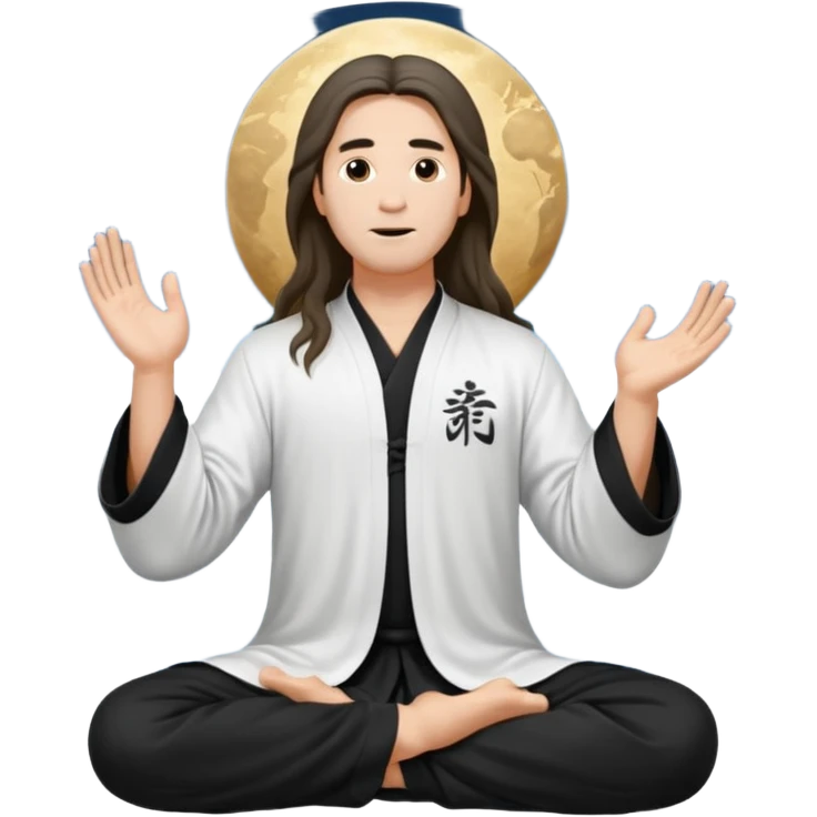 homme au cheveux long qui pratique le qi gong, habits noirs ou blancs,dans la position suivante : le ciel et la terre communiquent emoji