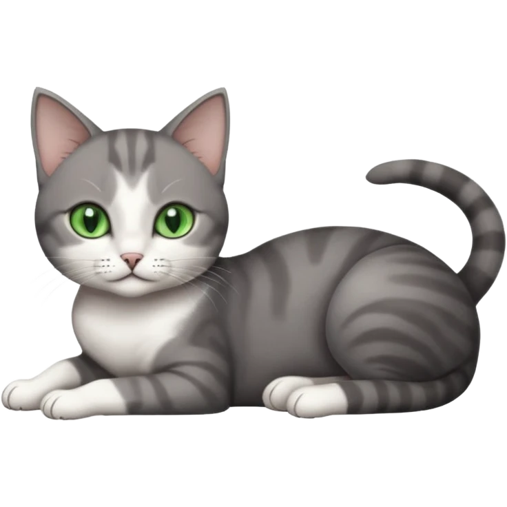 full body tiny short hair dark grey and white cat with white front legs and green eyes lying down emoji