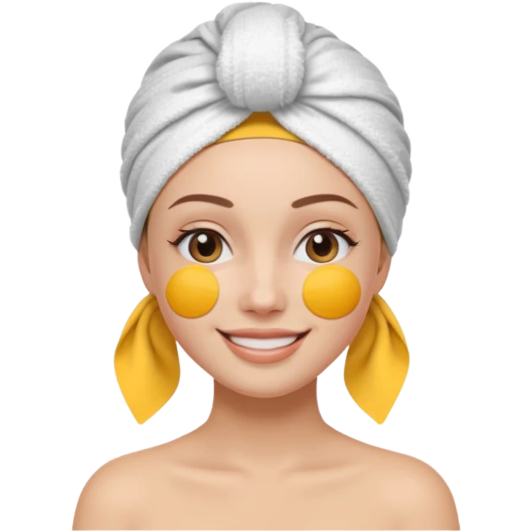 3D emoji style woman with towel head wrap, under-eye patches, smiling softly, clean girl skincare aesthetic, soft studio lighting, smooth skin texture, minimalist beige background, high resolution, PNG emoji