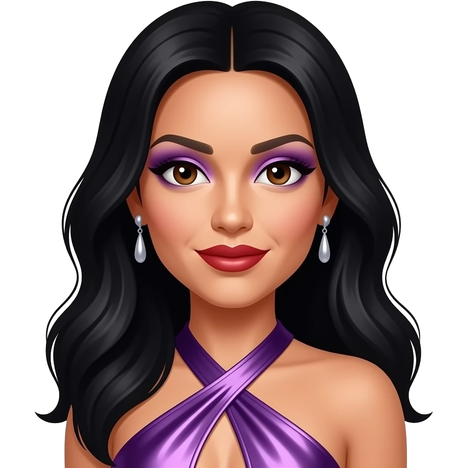 Nicole Scherzinger from The Pussycat Dolls with dark brown eyes, long black hair, purple eyeshadow, red lipstick, purple metallic halter dress, earrings emoji